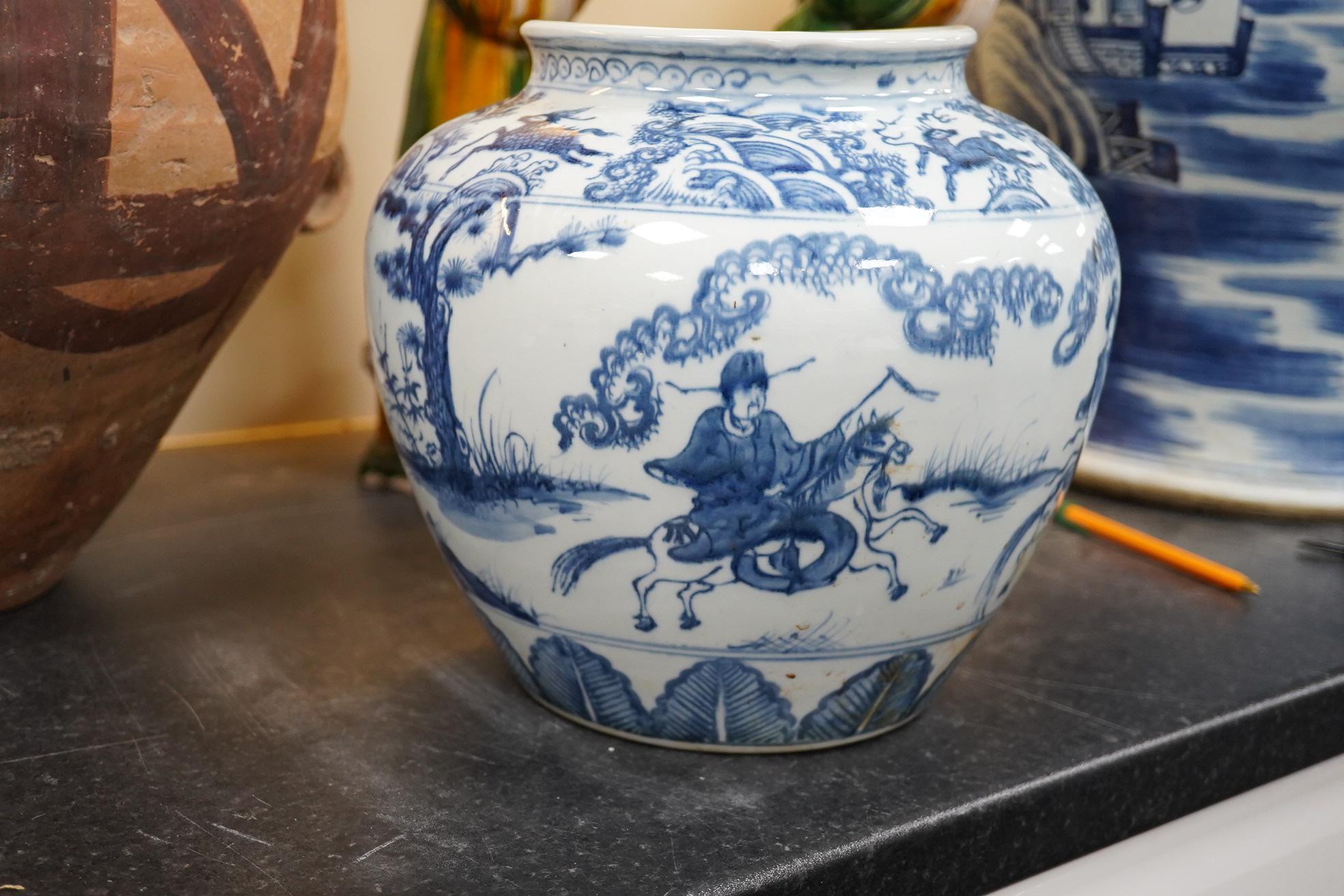 A Chinese blue and white ovoid jar, guan, Ming style